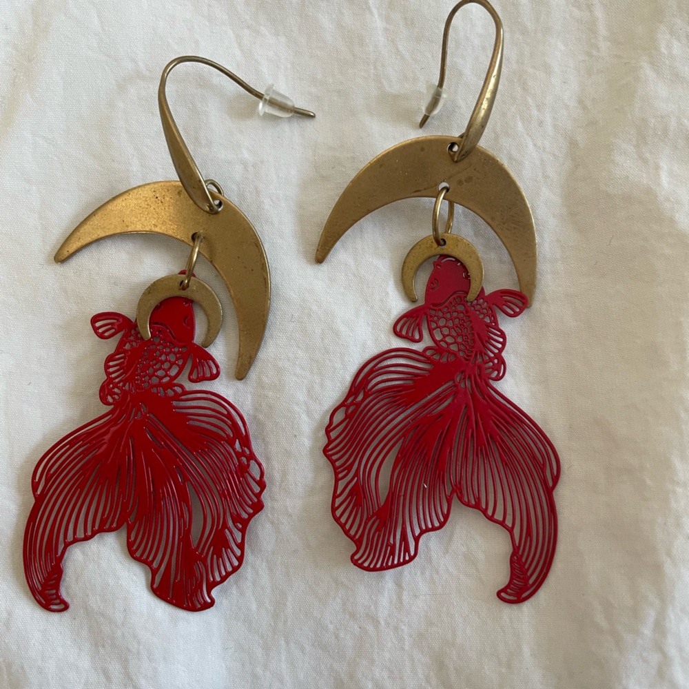 red dangly fish earrings